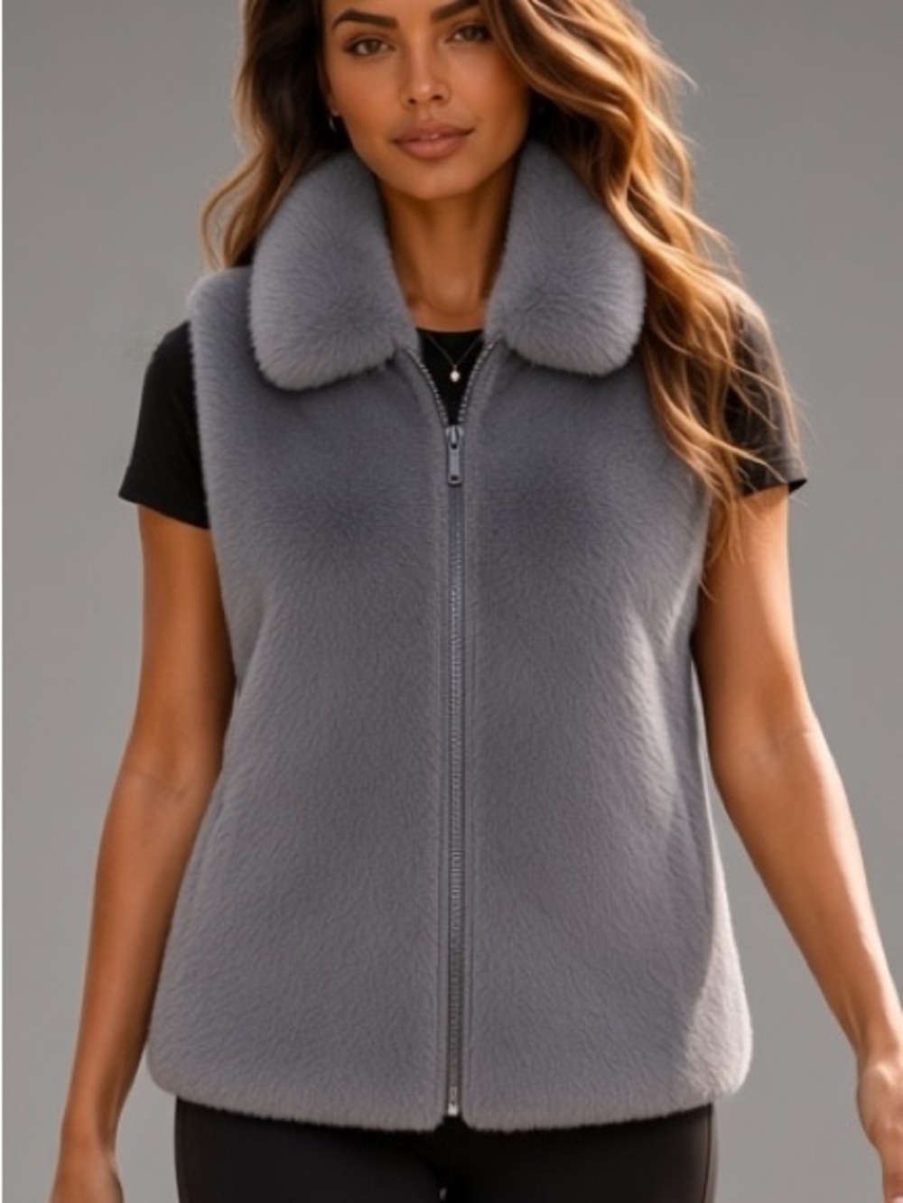 White House Black Market Gray Faux Fur Zip Vest